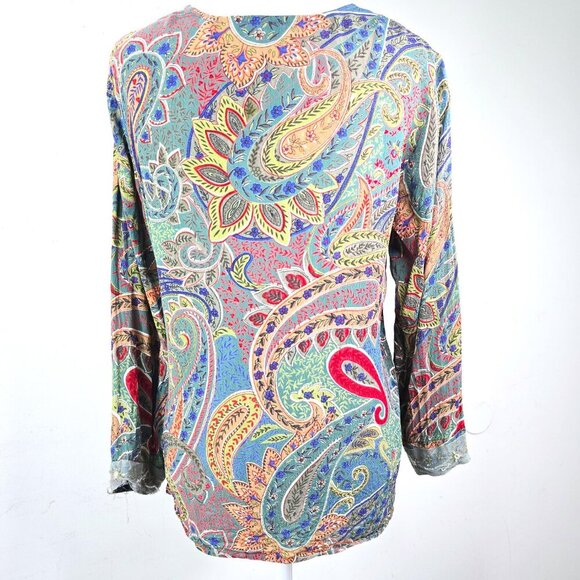 At Last Classics Green Colorful Floral Paisley Beaded Gypsy Boho Peasant Top - Picture 5 of 6